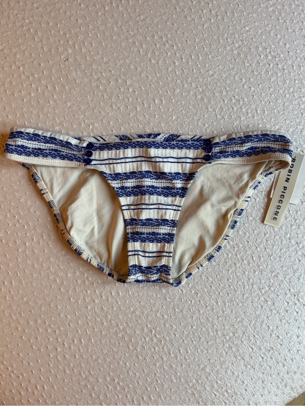NWT Robin Piccone Blue & Cream Feminine HipsterStriped Bikini Bottom Sz L